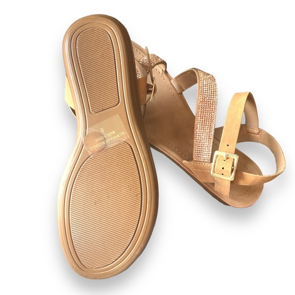 Vegan Leather Faux Rose Gold Rhinestone Detail Side Buckle Sandals - Picture 7 of 10